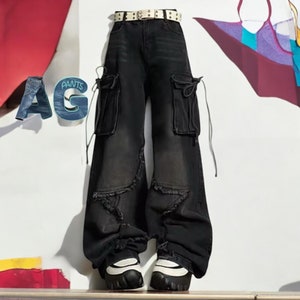 Women&#39;s Cargo Jeans  Black Star Harajuku Y2k 90s Gothic Baggy