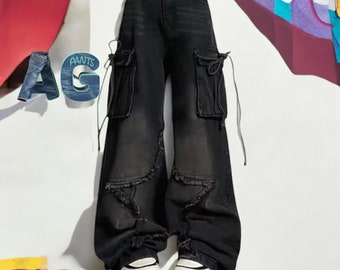 Women's Cargo Jeans  Black Star Harajuku Y2k 90s Gothic Baggy