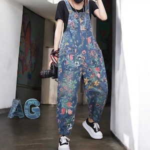 Floral Denim Overalls – Women's Loose Fit Jumpsuit, Y2K Streetwear