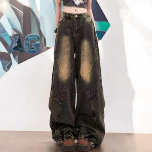 Women&#39;s Baggy Jeans Waist Cowboy Pants Wide Leg Straight Pants 90s Aesthetic Y2k Denim Trousers