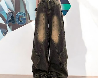 Grunge Distressed Wide Leg Jeans: 90s Y2K Denim Pants