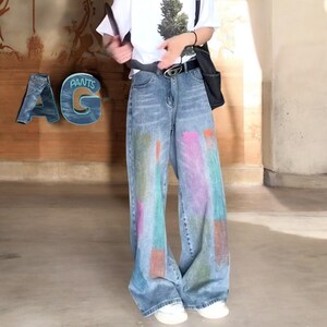 Women&#39;s Rainbow Colored Cool Girl Baggy Jeans Trousers Female Wide Leg Pants Vintage Casual Y2K streetwear..