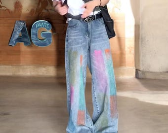 Rainbow Color Block Baggy Jeans - Y2K Wide Leg Trousers