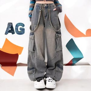 Y2k Vintage Low Waist Wide Leg Denim Trousers Baggy Cargo Blue Jeans WomenStreetwear Casual Kpop Straight Pockets Pants