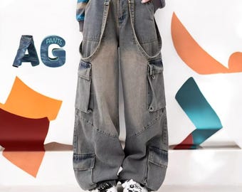 Pantalones vaqueros cargo holgados de tiro bajo estilo Y2K - Pantalones vaqueros de pierna ancha