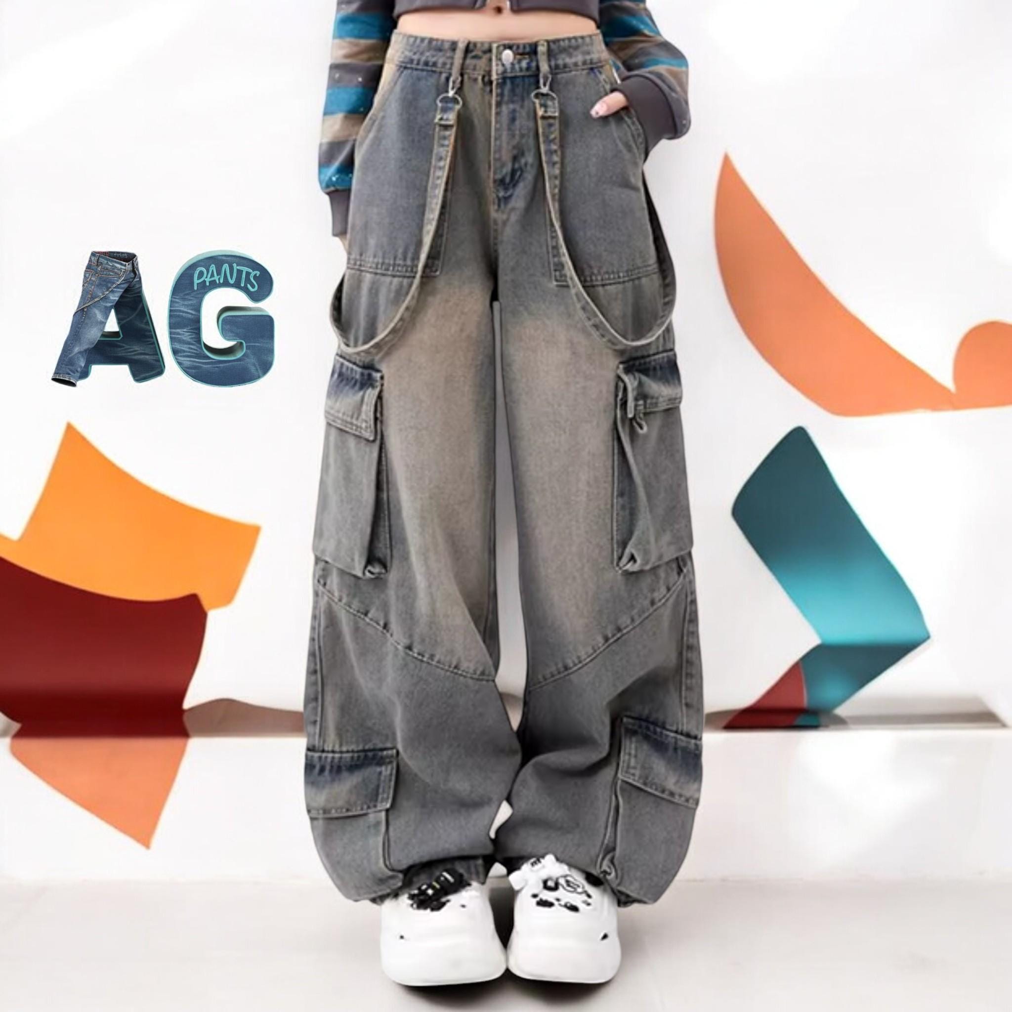 Women Denim Pants Y2k Vintage Loose Style Wide Leg Cargo Pants