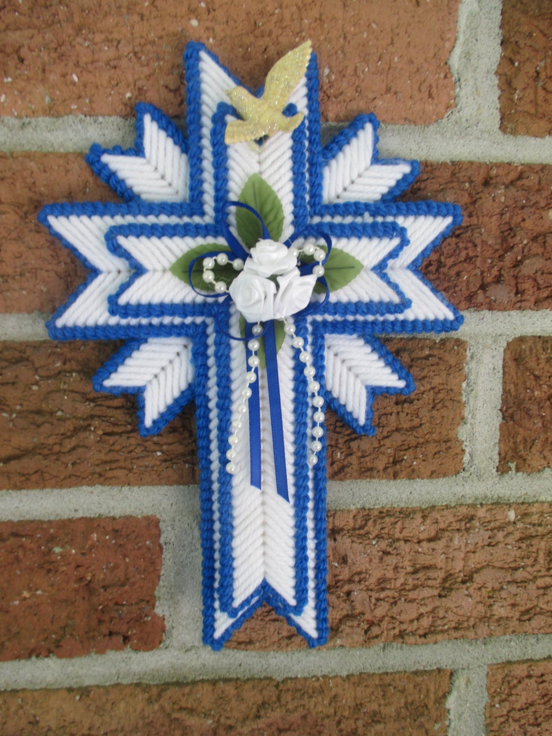 Blue cross in plastic canvas with dove | Etsy