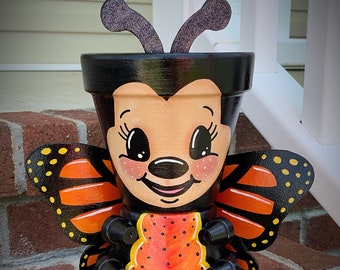 Painted Clay Pot BUTTERFLY, Hand Painted Terra Cotta Pot, Pot Heads