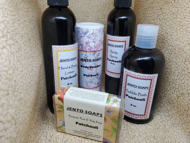 Patchouli gift collection, patchouli lotion, body mist, body powder, soap and bubble bath image 4