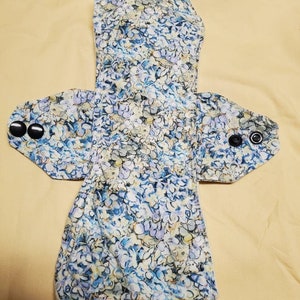 Moderate 11&quot; cloth pad, 2 layers zorb, PUL, incontinence pad, menstrual pad, blue and yellow flower pad, made in USA