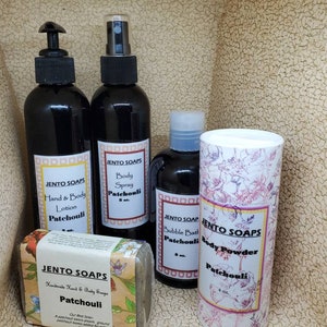 Patchouli gift collection, patchouli lotion, body mist, body powder, soap and bubble bath image 1