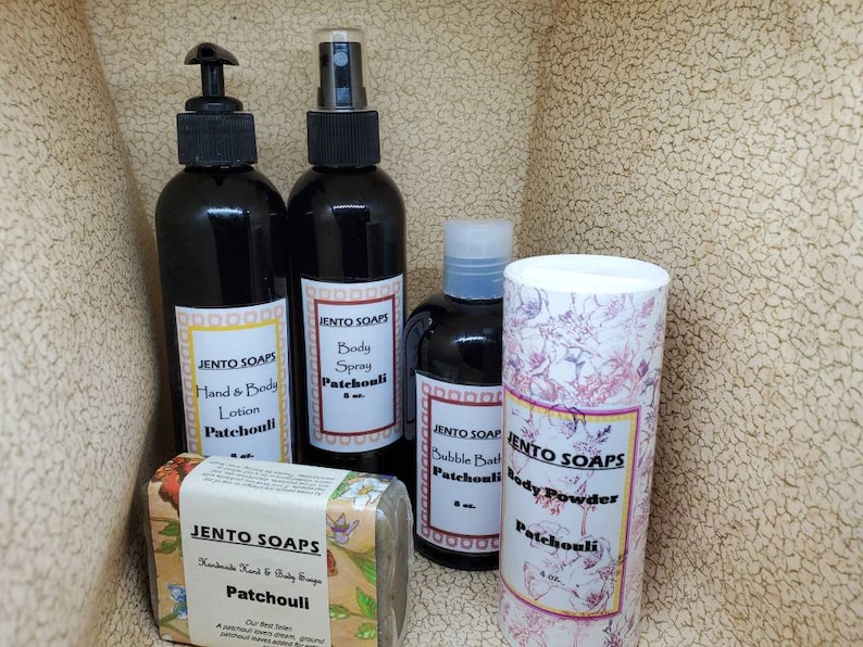 Patchouli gift collection, patchouli lotion, body mist, body powder, soap and bubble bath image 1