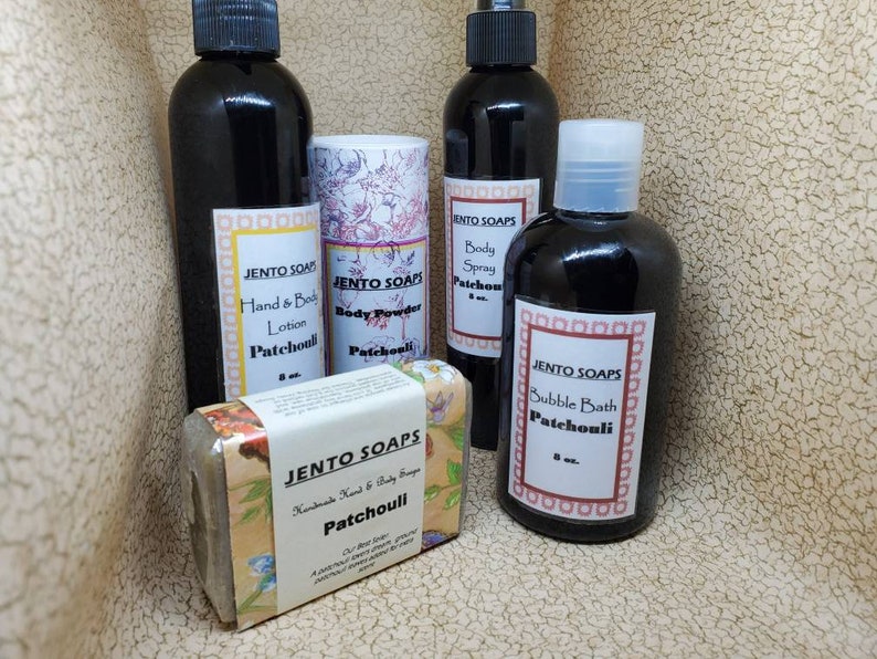 Patchouli gift collection, patchouli lotion, body mist, body powder, soap and bubble bath image 3