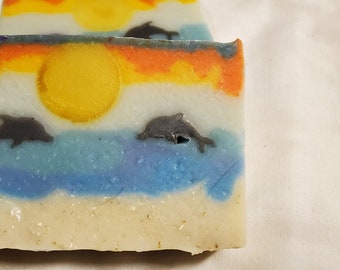 Beachy Soap, beach scene with Dolphins in soap, Tranquil Waters homemade soap, homemade soap with beach scene,  Soap with accessories.