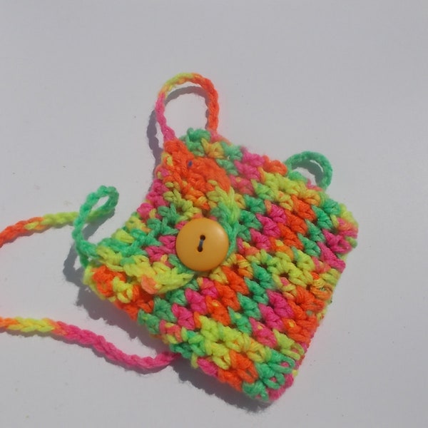 Neon kids purse, small crochet kids purse, cell phone carrier, casino purse, remote control holder, Christmas gift, small button purse, gift