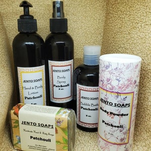 Patchouli gift collection, patchouli lotion, body mist, body powder, soap and bubble bath image 2