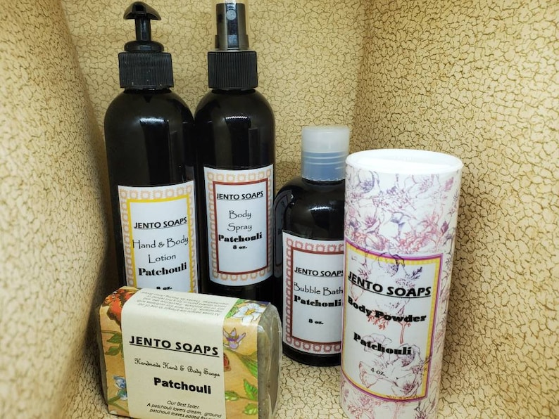 Patchouli gift collection, patchouli lotion, body mist, body powder, soap and bubble bath image 2