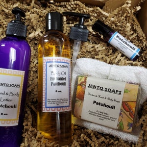 Patchouli Gift Set #3, Patchouli Body Oil, Patchouli Lotion, Patchouli Roll On,  Patchouli Soap, using Patchouli Essential Oil, in Gift BoxI
