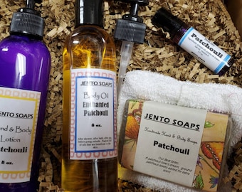 Patchouli Gift Set #3, Patchouli Body Oil, Patchouli Lotion, Patchouli Roll On,  Patchouli Soap, using Patchouli Essential Oil, in Gift BoxI