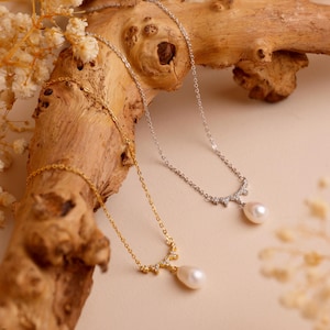 Natural Freshwater Pearl Necklace, Bridal Jewelry, Wedding Necklace with Diamond, Bridesmaid Gift, Daily Pearl Necklace, Mothers Necklace