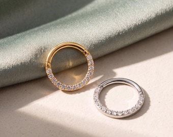 Gold or Silver Septum Ring, ASTM F136 Titanium 16G 18G Seamless Nose Hoop with Clear Stones, 6mm-10mm