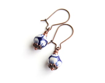 Blue Floral Ceramic Earrings, Blue Earrings, Navy Earrings, Copper Earrings, Flower Earrings, Navy Bridesmaid earrings