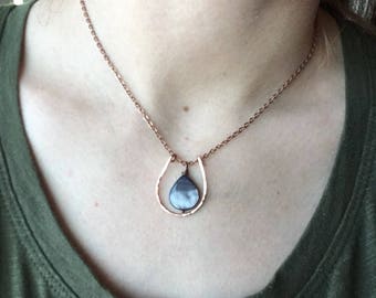 Grey Teardrop Mother of Pearl and Hammered Copper necklace, teardrop pendant necklace, white shell necklace, grey boho necklace, natural