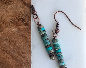 Natural jasper heshi beaded bar earrings on antique copper chain, blue green turquoise, Native American earrings, natural stone, minimal
