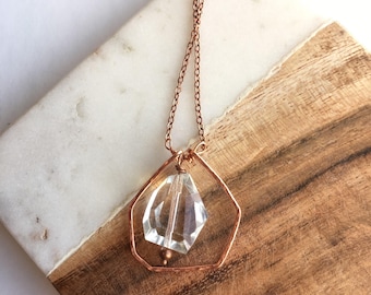 Hammered Copper Geomtric Glass Pendant Necklace, Long Pendant Necklace, Long Copper Necklace, antique Copper Necklace, Minimalist Copper