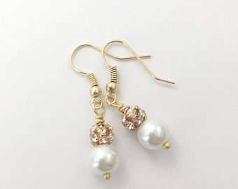 14kt gold filled White Glass Pearl and Rhinestone Earrings, Pearl Earrings Drop Earrings, Pearl Wedding Jewelry, White Pearl Bridesmaid Earr