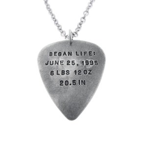 Men's Silver Guitar Pick Necklace Engraved with Birth Stats Pendant Musician Dad Jewelry Personalized Custom Artisan Handmade for Dad & Son