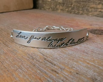 Engraved Handwriting Jewelry Silver Nameplate Bracelet Personalized with Grandmas Signature Unisex Memorial ID Jewelry Custom Signature