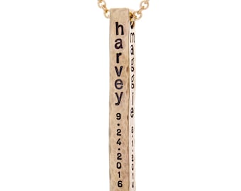 Personalized Bar Necklace | 4 Sided Bar | Name Necklace | Mantra Charm | Location Necklace | 14K Vertical Bar | Mother of Four | Date Charm