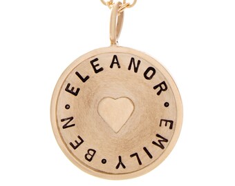 Solid Gold Disc with Engraved Personalization and Raised Gold Heart Accent - Penny Sized Charm, Mother's Necklace, Gift for Mom on Christmas