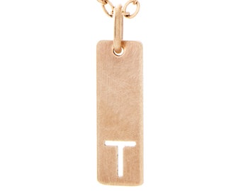 Cut Out Letter Pendant, 14K Solid Gold Tag, Real Gold, Modern Mom Jewelry, Rectangle Shaped Charm, Personalized Gift
