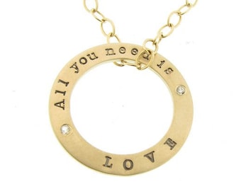 Solid Gold and Diamond Necklace Personalized 14K Open Circle Charm Diamond Washer