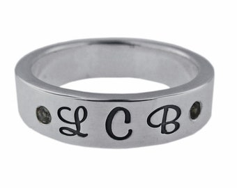 Personalized Modern Monogram Birthstone Ring Hand Stamped Initial Names Sterling Silver Band Custom Mommy Jewelry Engraved Artisan Handmade