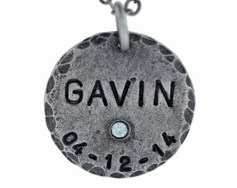 New Dad Gift, Rustic Silver Birthstone Charm Necklace Engraved Name, Birthdate, Stepdad Custom Handcrafted Jewelry for Men Metal Pressions