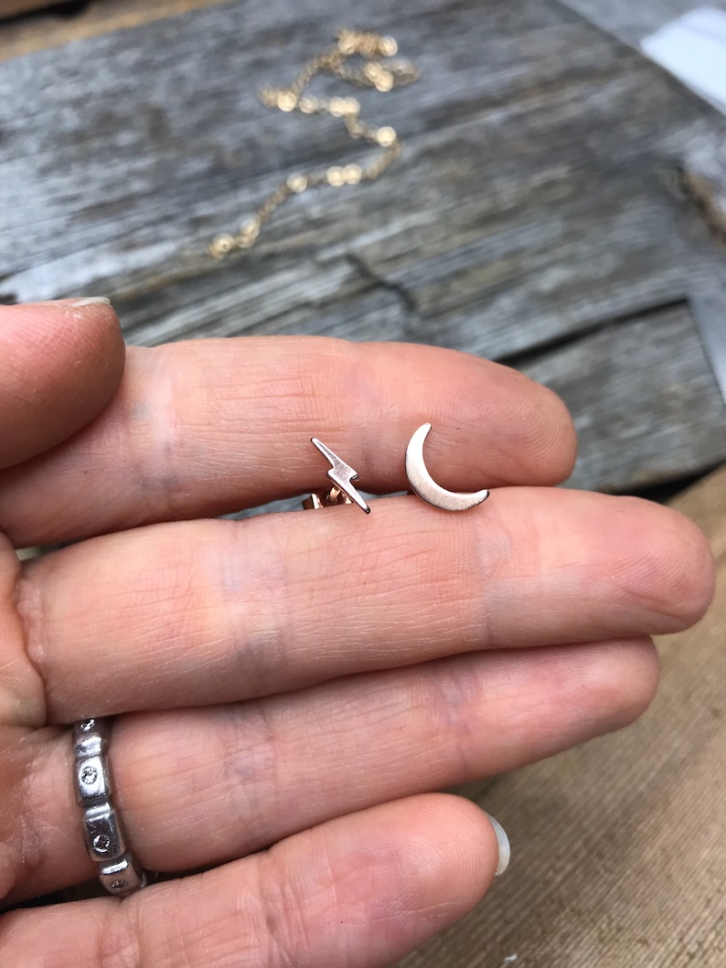 Solid Gold Moon and Star Earrings, Moon & Star Studs 14K Gold, Hand Crafted, His and Hers Jewelry, Little Luxuries, Artisan Handmade image 2