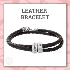 Valentines Day Gift for Him, Personalized Silver Loops on Braided Leather Bracelet image 1