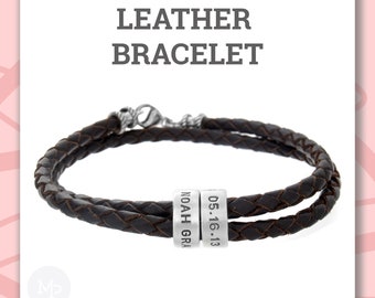 Valentines Day Gift for Him, Personalized Silver Loops on Braided Leather Bracelet