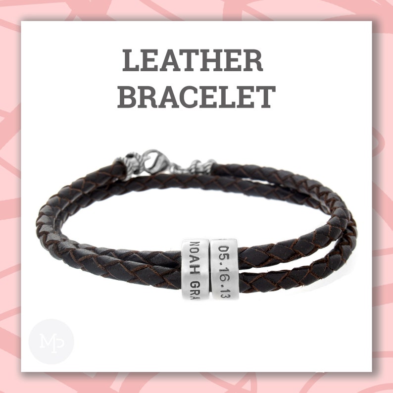 Valentines Day Gift for Him, Personalized Silver Loops on Braided Leather Bracelet image 1