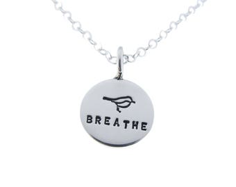 Just Breathe Personalized Sterling Silver Name Word Date, 1/2 Inch Disc, 13mm Charm Hand Stamped Bird Custom Jewelry by Metal Pressions