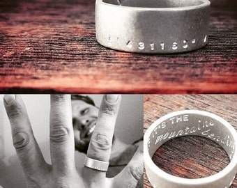 Men's Silver Coordinate Promise Ring Hand Stamped GPS Location Jewelry Personalized Wedding Band Unisex Classic Sterling Ring Custom Engrave