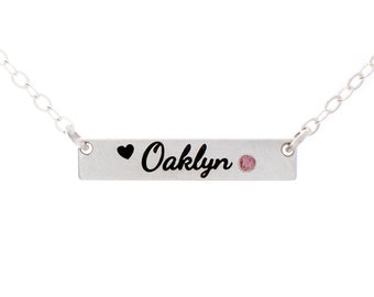 Silver Personalized Horizontal Name Necklace with Birthstone | Customizable Jewelry