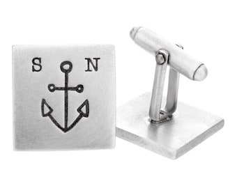 Custom Nautical Cufflinks | Engraved Initials | Anchor Design | Personalized Men's Accessories | Square Cufflinks