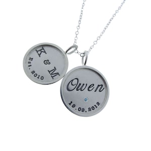 Personalized Sterling Silver Family Name and Birthstone Necklace - Custom Engraved Round Charms with Dates