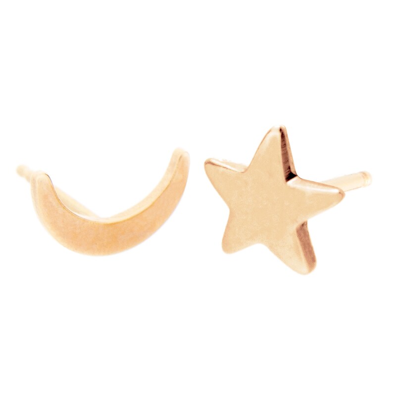 Solid Gold Moon and Star Earrings, Moon & Star Studs 14K Gold, Hand Crafted, His and Hers Jewelry, Little Luxuries, Artisan Handmade Yellow