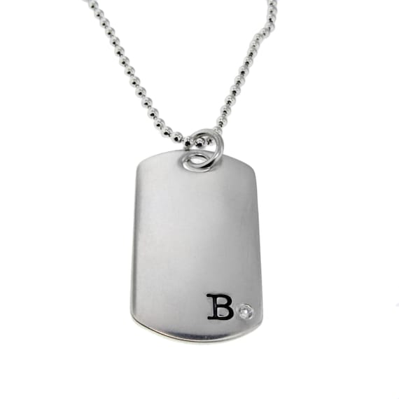 Engravable Sterling Silver Diamond Dog Tag Pendant for Men & Chain