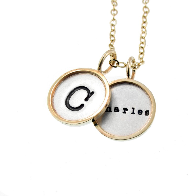 Name Necklace Hand Stamped Initial Pendant Personalized Name Custom Engraved Family Jewelry Kids Names Rimmed Charms